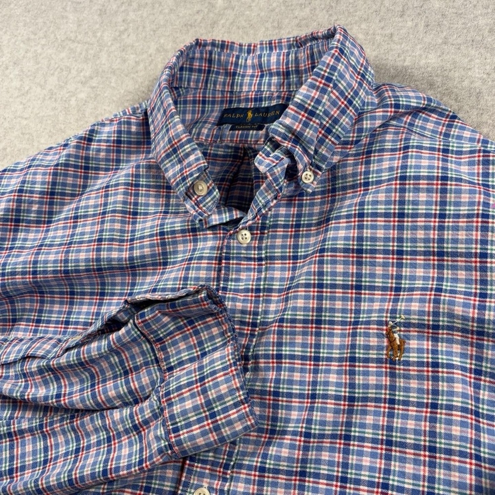 Ralph Lauren Shirt Mens XL Blue Plaid Classic Fit Button Down Pony Logo LS